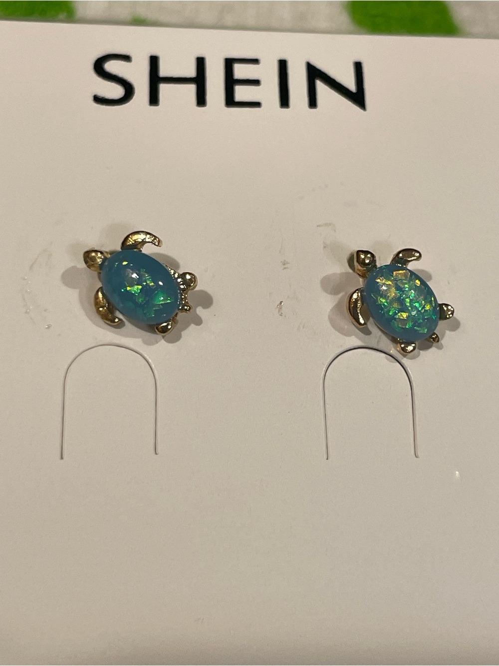 Golden Sea Turtle Stud Earrings with Aqua Blue Opal